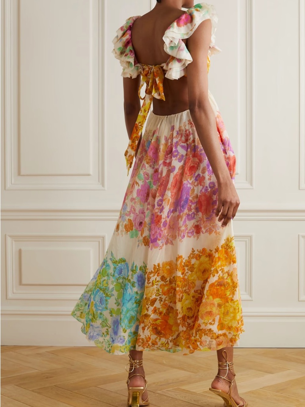Zimmermann Cream Floral Ruffle Midi Dress with Multicolor Blooms - Picture 2 of 6